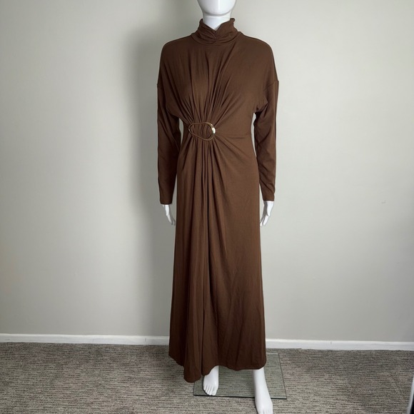 Commense Brown Turtleneck Maxi Dress with Gold Ring Detail Long Sleeve Size M - Picture 11 of 16